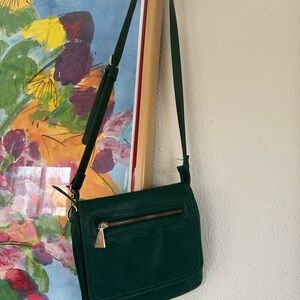 Liz Claiborne Dark Green Leather Crossbody with Gold Zip Accent